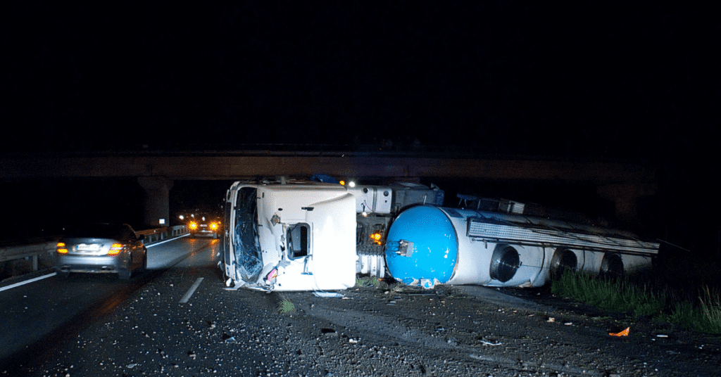 Overturned Vehicle Accident On A Highway At Night
