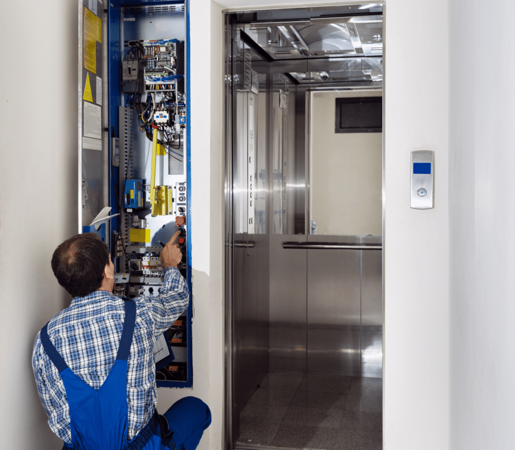Worker Performing Maintenance In An Elevator Shaft